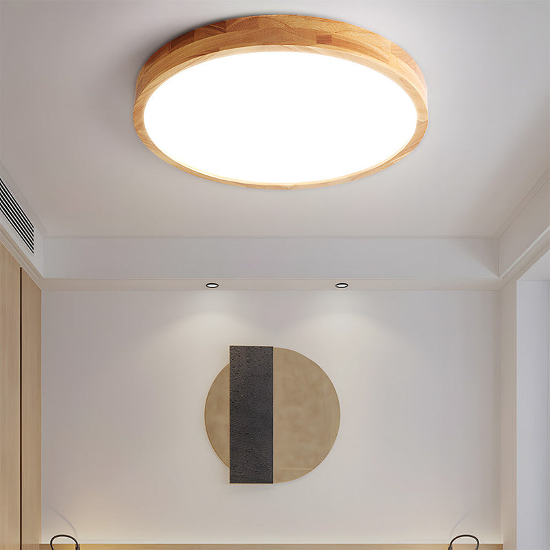 Scandinavian Wooden Flush Mount Ceiling Light – Ultra-Thin LED Panel, 3 Color Temperatures, 50cm/4300LM, For Bedroom, Porch & Stairwells